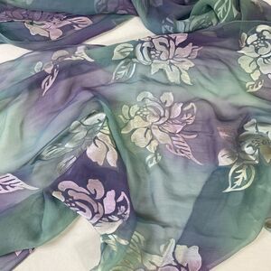 Scarf silky burnout long and flowing blue green roses .